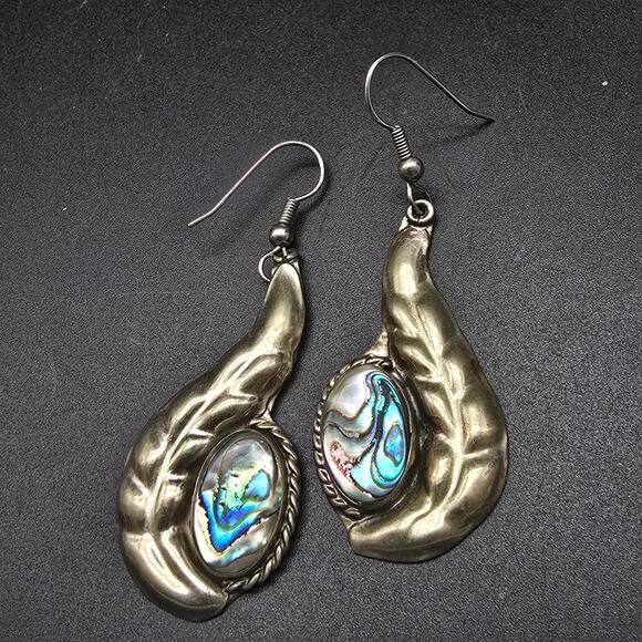 Alpaca Mexico Blue Abalone Shell Earrings Feathers Dangle Drop - Picture 6 of 6